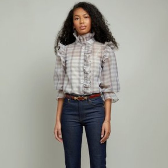 Christy Lynn The Tess Top Lavender Plaid Ruffle Blouse Size L NEW with Tag - Picture 2 of 14